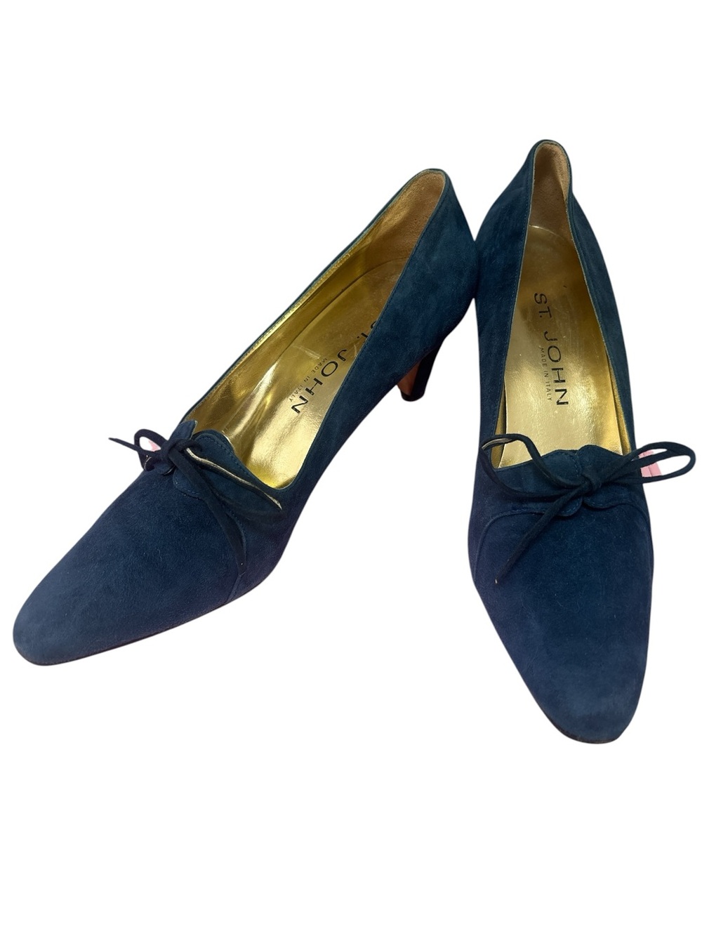 St. John Navy Suede Pointed-Toe Pumps with Bow Accent